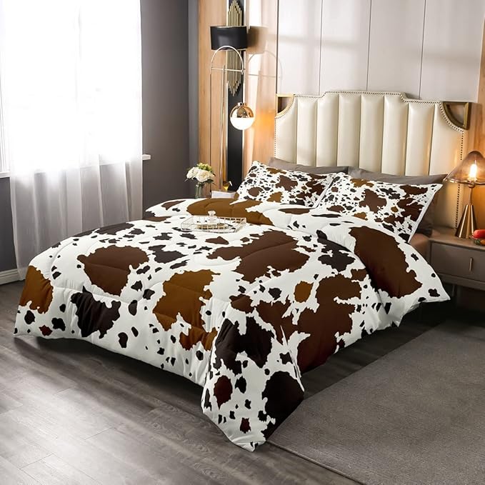 Cow Print Comforter Set King Size Cowhide Bedding Set for Boys Girls Man Women Bedroom Decor Brown Bull Cattle Skin Down Comforter Wildlife Fur Hair Farmhouse Animal Skin Duvet Set
