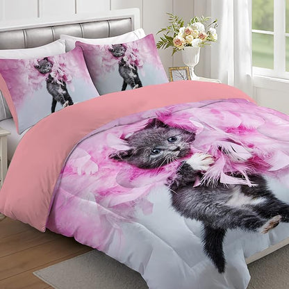 Cat Comforter Twin, Cat Bedding Set Twin Size for Kids, Cat Comforter Set for Girls and Boys, Pink Feathers Black Cat 3Pcs(1Summer Comforter+ 2 Pillowcases) Lovely Animal Pets Duvet Set