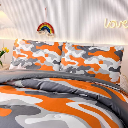 Meeting Story Kids Camo Bedding Set, Army Camouflage Bedding Twin Comforter Set for Boys Girls Teens Bedroom Decoration, 3Pcs (Orange, Twin)
