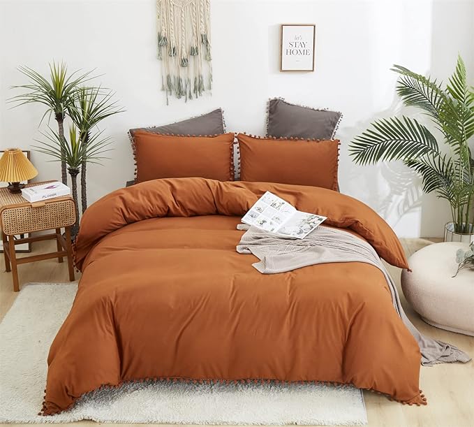 Pumpkin Comforter Set Full Burnt Orange Pom Comforter 3 Pieces Pumpkin Color Boho Ball Pom Fringe Full Comforter Bedding Set Women Solid Pumpkin Full Bed Comforter Set All Season Gift