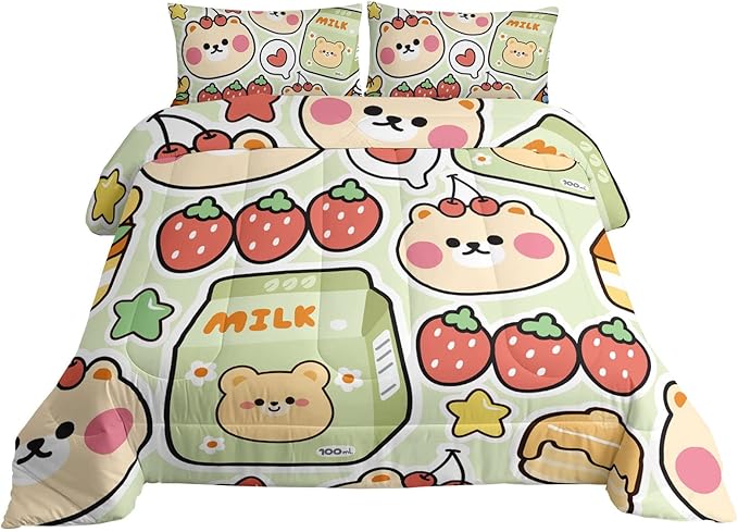 Datura home Kawaii Strawberry Bear Comforter Bedding Set for Kids Boys and Girls Teens,Cute Cartoon Fruit Print Light Green with 1 2 Pillowcases(Kawaii Full), Full 80x90inches