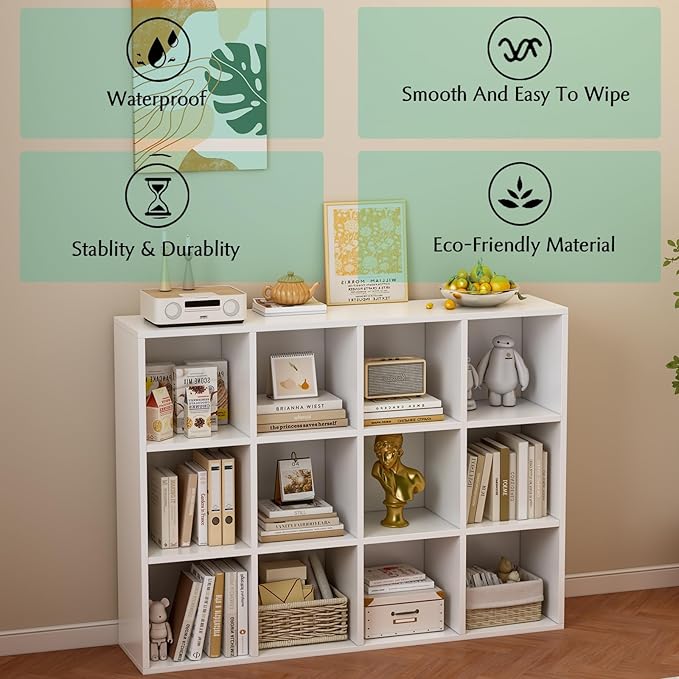12-Cube Storage Shelf Bookcase - Wooden 3-Tier Floor Standing Open Bookshelf for Home and Office, Display Cabinet, Warm White