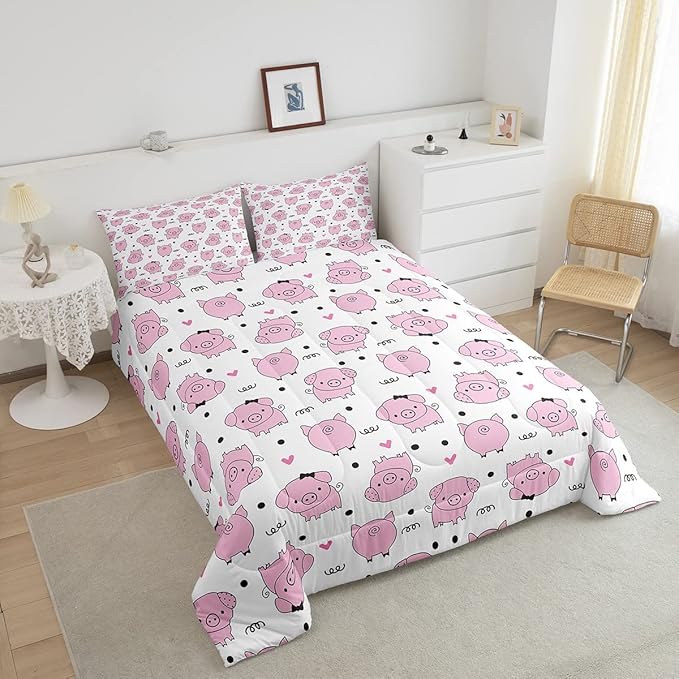 Erosebridal Pink Pig Comforter Set for Girls Kawaii Room Decor King,Cute Pigs Bedding Set for Kids Boys Children Farm Animal Quilted Duvet Sets Cartoom Style Soft Lightweight Down Comforter 3 Pcs