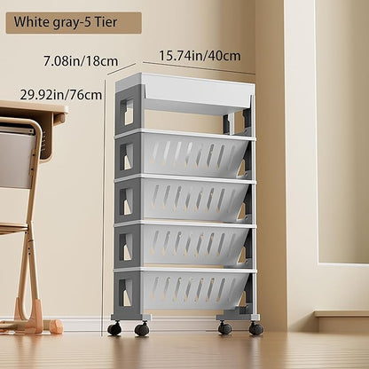 5 Tier Book Rack Storage Bookshelf, Mobile Bookshelf with Wheels, Removable Movable Unique Bookcase, Rolling Book Cart, Bookshelves for Students Study in Dorm Classroom Living Room School(White Grey)