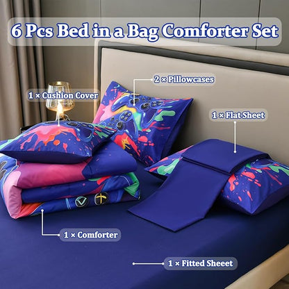 Gamer Comforter Set for Boys Kids, 6 Pcs Bed in a Bag Game Controller Boys Bediing Set Twin Size for All Season
