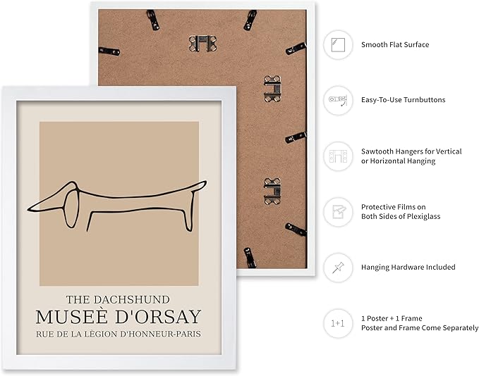 Poster Master Vintage Poster - Retro Minimalist Print - Gift for Artist, Housewarming - Dachshund Dog, Line Drawing, Abstract - Wall Decor for Living Room, Bedroom, 11x14 White Framed