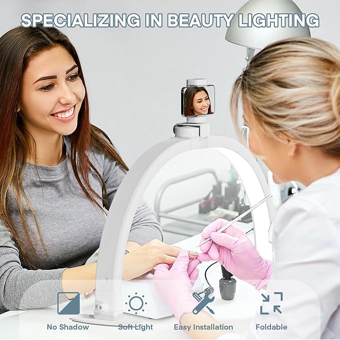 MYSWEETY Foldable Half Moon Nail Desk Lamp, 23 Inch Lash Light Led Nail Tech Lamp for Desk, Half Moon Light with Phone Holder, Estheticians Table Lamp for Tattoo, Lash Eyelash Extension, Beauty