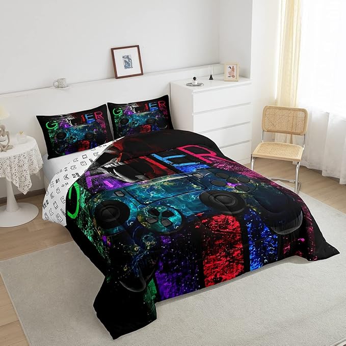 Gamer Bedding Sets for Boys, Gaming Down Comforter Twin Size, Gamer Room Decor Bedding Kids Video Games Comforter Set, Sugar Skull Gamepad Bed Duvet Sets for Men Bedroom,with 1 Marble Pillow Sham
