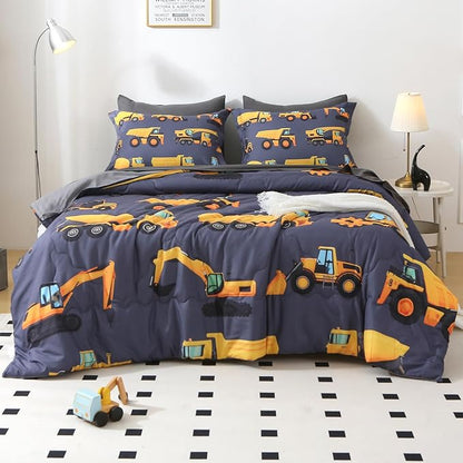 Wajade 7 Piece Construction Truck Kids Comforter Set for Boys Full Size 3D Vehicles Excavator Cars Bedding Set for Kids Teens(1 Comforter, 1 Flat Sheet, 1 Fitted Sheet, 2 Pillowcase and 2 Pillow Sham)