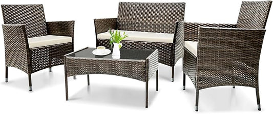 Patio Furniture, 4 Piece Conversation Set, Outdoor Wicker Rattan Table and Chairs, Sectional Sofa with Thick Cushion for Garden, Yard, or Porch, Brown