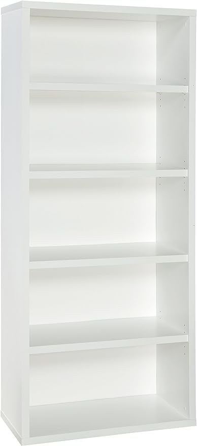 ClosetMaid Bookshelf with 5 Shelf Tiers, Adjustable Shelves, Tall Bookcase Sturdy Wood with Closed Back Panel, White Finish