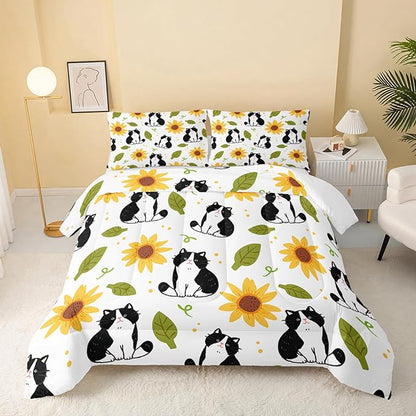 Kawaii Cat Comforter Twin Size,Sunflower Cat Comforter Set for Kids Teens Girls Boys,3Pcs Bedding Set Printed Comforter with 2 Pillowcases,Down Alternative,Soft and Lightweight，Twin Size