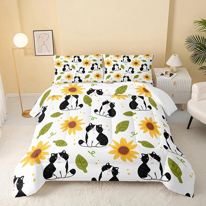Kawaii Cat Comforter Queen Size,Sunflower Cat Comforter Set for Kids Teens Girls Boys,3Pcs Bedding Set Printed Comforter with 2 Pillowcases,Down Alternative,Soft and Lightweight，Queen Size