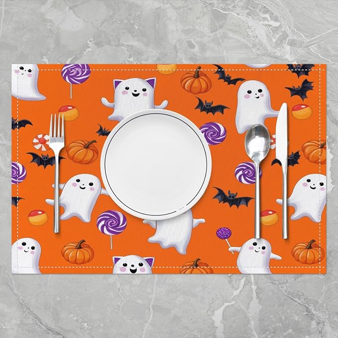 Feelyou Happy Halloween Placemats Set of 4 Cute Ghost Pumpkin Table Mats for Party Kitchen Dining Decoration Holiday Seasonal Orange White Purple Place Mat for Dinner Table Indoor Outdoor 18"x12" Bats