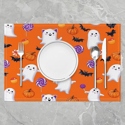 Feelyou Happy Halloween Placemats Set of 4 Cute Ghost Pumpkin Table Mats for Party Kitchen Dining Decoration Holiday Seasonal Orange White Purple Place Mat for Dinner Table Indoor Outdoor 18"x12" Bats