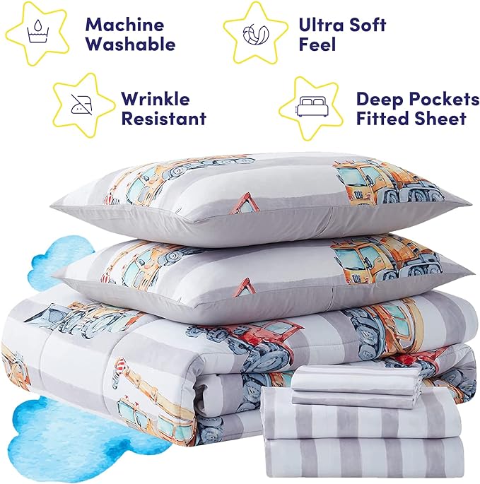 Kids Bedding Set Bed in a Bag for Boys and Girls Toddlers Printed Sheet Set and Comforter , Twin, Trucks