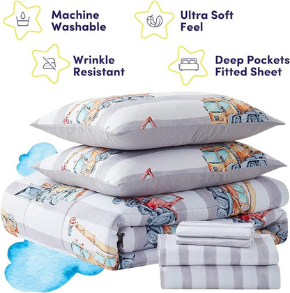 Kids Bedding Set Bed in a Bag for Boys and Girls Toddlers Printed Sheet Set and Comforter , Twin, Trucks