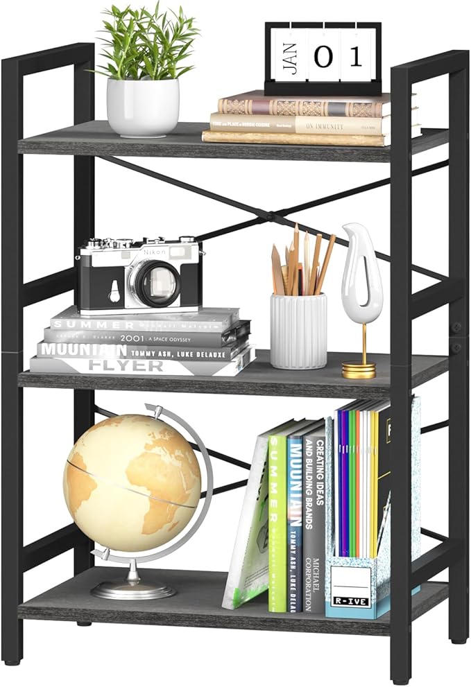 Yoobure Bookshelf Small Book Shelf, Solid Industrial 3 Tier Shelf Bookcase, Short Book Case for Bedroom, Living Room, Office Home, Small Spaces, Charcoal Gray