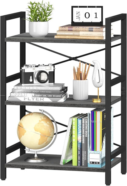 Yoobure Bookshelf Small Book Shelf, Solid Industrial 3 Tier Shelf Bookcase, Short Book Case for Bedroom, Living Room, Office Home, Small Spaces, Charcoal Gray