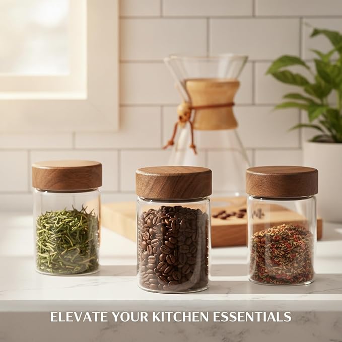 Clear Glass Storage Jar with Acacia Wood Lid - Kitchen Canister for Pantry Organization, Countertop Display, and Dry Food Storage