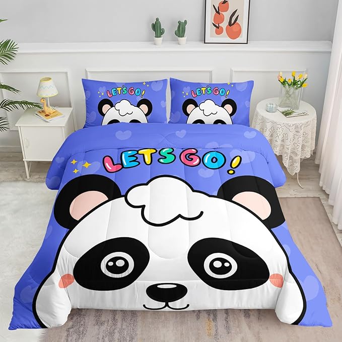 Datura home Panda Comforter Bedding Set for Boys Girls Kids Teens,Cartoon Panda Blue Heart Kawaii Animal Theme with 1 Comforter and 2 Pillowcases(Panda Full)