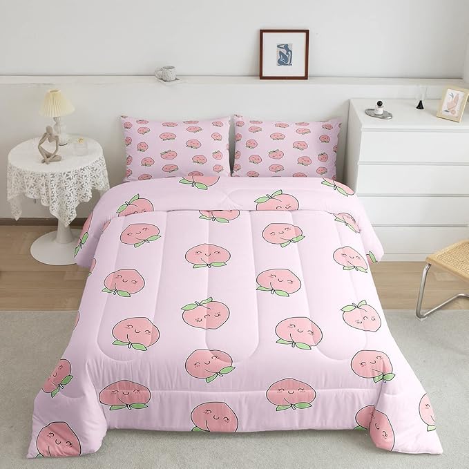 Cartoon Comforter Set King Size Pink Peach Bedding Set Kid Kawaii Down Comforter Girl Lovely Peach Duvet Set Cute Fruits Comforter Tropical Plant Bedding Reversible Soft Lightweight Room Decor