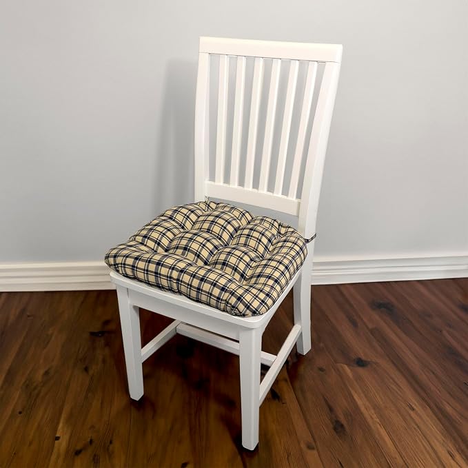 Barnett Home Decor Dining Chair Pad with Ties Montgomery Blue Plaid - Size Medium 16.5 x 18 16.5 x 18 - Latex Foam Fill Cushion, Reversible, Machine Washable - Blue and Beige Tartan
