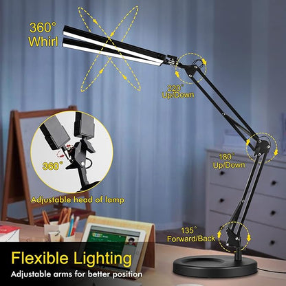 2-in-1 LED Double Head Desk Lamps for Home Office, 24W Brightest Workbench Light, Architect Lamp with Clamp & Base, 3 Colors 10 Dimming Swing Arm Lamp for Reading/Study/Computer Light