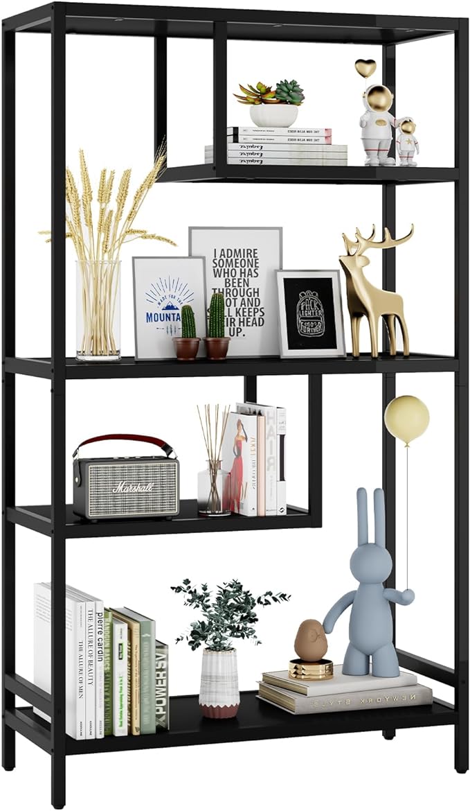 HOME BI Geometric Bookshelf, Tall Modern Etagere Bookcase, Industrial Metal Book Shelf with 5 Open Display Shelves for Office Living Room, Black
