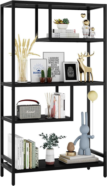HOME BI Geometric Bookshelf, Tall Modern Etagere Bookcase, Industrial Metal Book Shelf with 5 Open Display Shelves for Office Living Room, Black