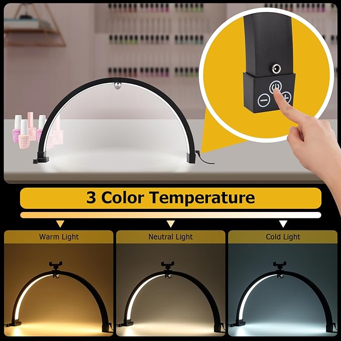 Small Nail lamp for Desk, Half Moon Light for Nail Desk with Touch Control, Portable Half Moon Nail lamp with Phone Holder (Black)