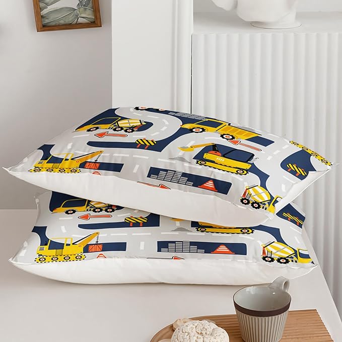 Axolotl Cartoon Excavator Bedding Set Twin,Tractor Truck Bedding Set,Boys Construction Bedding Set,Yellow Vehicles Truck Comforter Construction Site Decor for Kids Boys Teens,1 Quilt 2 Pillowcases