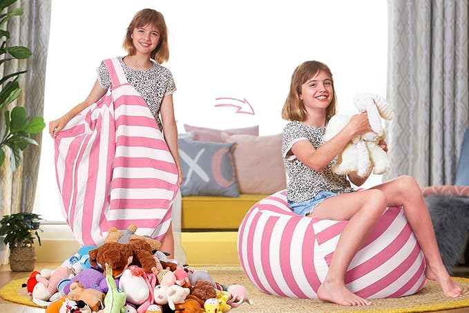 Aubliss Stuffed Animal Bean Bag Storage Chair, Beanbag Covers Only for Organizing Plush Toys, Turns into Bean Bag Seat for Kids When Filled, Large 38"-Canvas Stripes Pink/White