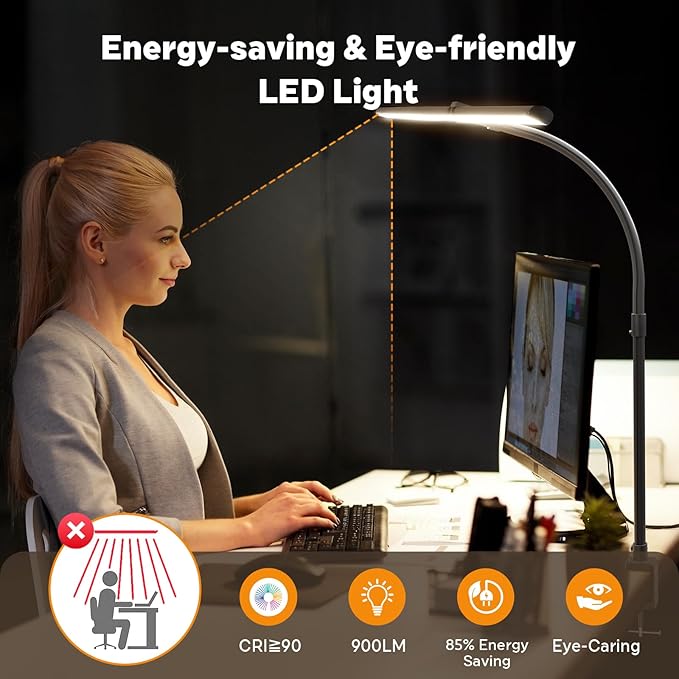 LED Desk Lamp for Home Office, Remote Control Computer Desk Light Bright Table Lamp for Study Dimmable Desk Lighting with Clamp Adjustable Gooseneck, Double Head, 24W, Black