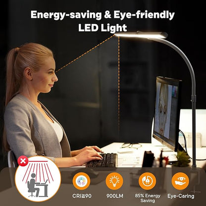 LED Desk Lamp for Home Office, Remote Control Computer Desk Light Bright Table Lamp for Study Dimmable Desk Lighting with Clamp Adjustable Gooseneck, Double Head, 24W, Black