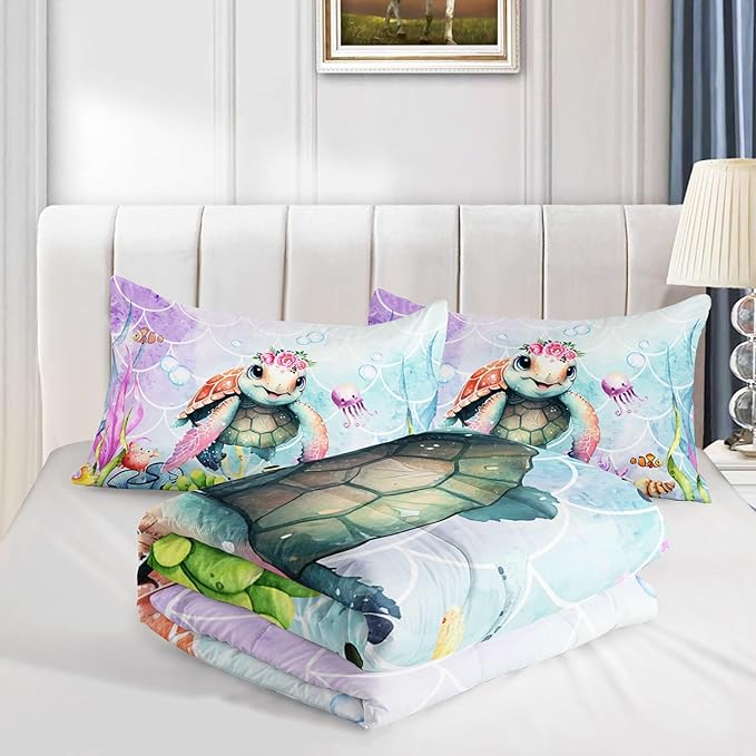 Kids Comforter Set Mermaid Scale Turtle Printed Pattern Bedding Set with 1 Comforter and 2 Pillowcases for Girls Boys Bedroom All Season(Turtle Full)