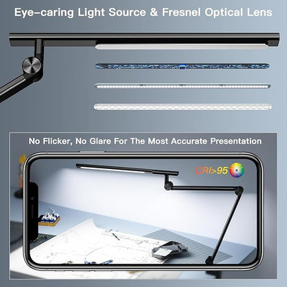 LED Desk Lamp, Desk Light for Home Office, Dual Light Source 18W Brightest, Eye-Caring Optical Lens, Office Lamp, 5 Color Modes & Brightness, Aluminum Alloy Drafting Light, Clamp Lamp, Black