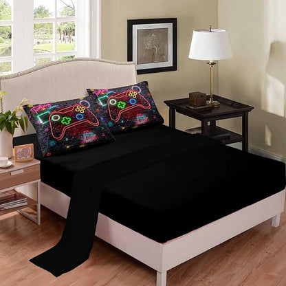 NINENINE Gamer Bedding Sets Twin Comforter Sets for Boys 5PCS Gaming Bedding Sets for Boys Black Bedding Comforter Sheet Set(1Comforter, 1Flat Sheet, 1Fitted Sheet, 2Pillowcases)…