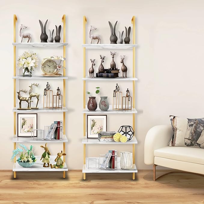 5 Tiers Ladder 2-Piece Shelf White Marble Modern Bookshelf Open Tall Wall Mount Bookcase Standing Leaning Wall Shelves Industrial Decorative