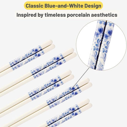 Porcelain Chopsticks Set of 5 Pairs, Reusable Bone Ceramic Chopsticks, Dishwasher Safe, Non-Slip Design, Elegant Gift Box for Family or Restaurant Use (Camellia)