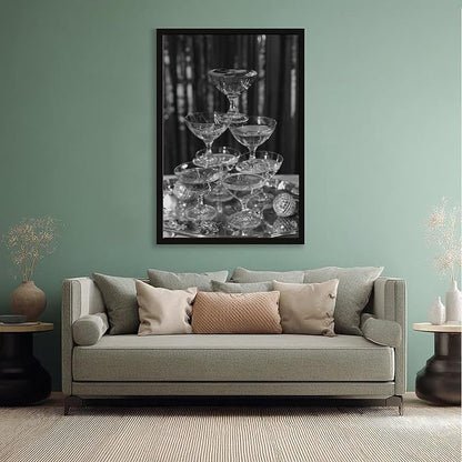 UXCBIA Stacked Champagne Glasses With Mirror Balls, Black And White, Wine Glasses Poster Canvas Poster Bedroom Decor Sports Landscape Office Room Decor Gift Black Frame 16x24in(40x60cm)