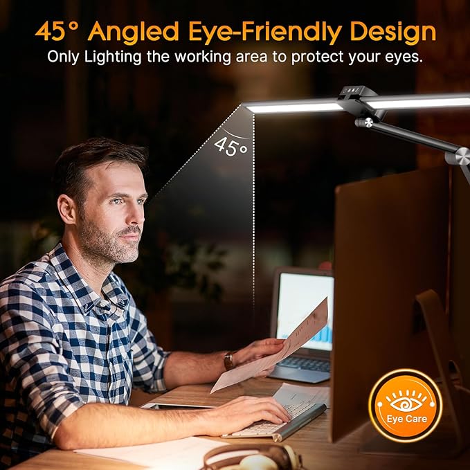 Syrinx Desk Lamp, Architect Desk Lamps for Home Office with Gesture Sensor Switch, 24W Bright Double Head Table Lamp with Clamp, Touch Control, Timer, 5 Dimming and 3 Tempering LED Desk Light