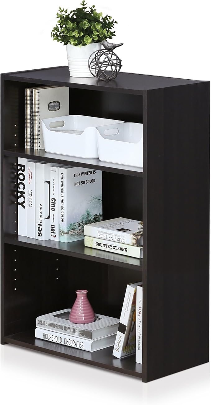Furinno Basic 3-Tier Bookcase Storage Shelves, Dark Walnut