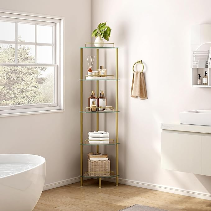 5-Tier Corner Shelf Stand, Gold Corner Bookshelf, Bathroom Organizer, Plant Stand, Tempered Glass Shelves, Modern Style for Living Room, Bedroom, Kitchen, Home Office, Metallic Gold