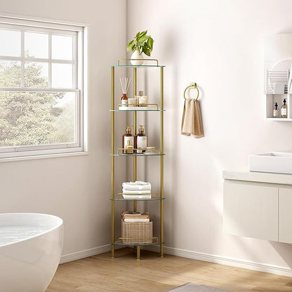 5-Tier Corner Shelf Stand, Gold Corner Bookshelf, Bathroom Organizer, Plant Stand, Tempered Glass Shelves, Modern Style for Living Room, Bedroom, Kitchen, Home Office, Metallic Gold