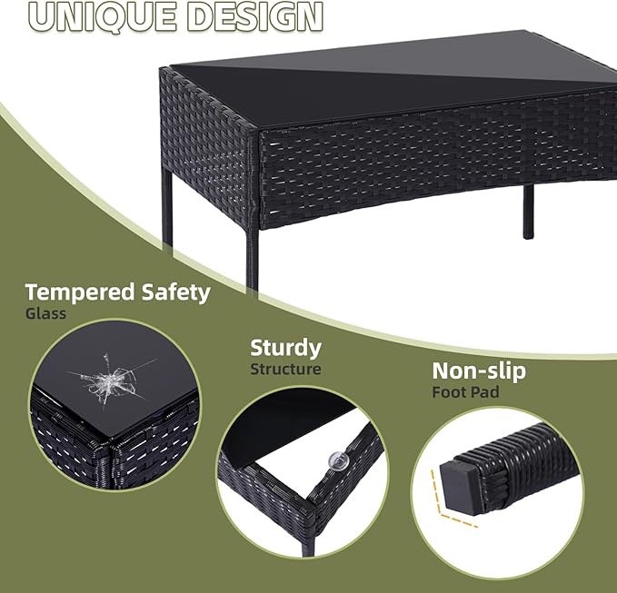 Patio Furniture Set 4 Pieces Conversation Sets Outdoor Wicker Rattan Chairs Garden Backyard Balcony Porch Poolside Loveseat with Soft Cushion and Tempered Glass Table(Black/Beige)