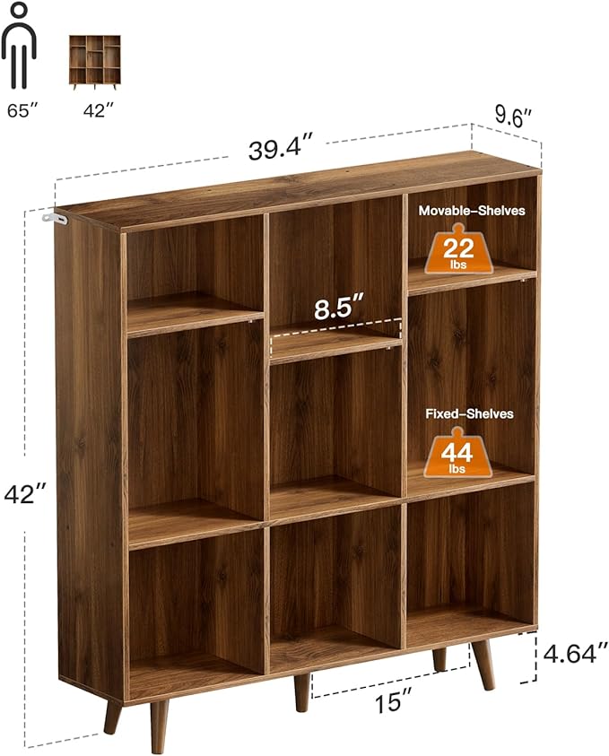 Pipishell 9-Cube Bookshelf, Bookcase with 3 Height-Adjustable Shelves and Solid Legs, Cube Storage Shelf, Modern Freestanding Open Bookshelf for Living Room, Bedroom (Walnut)