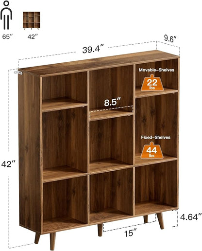 Pipishell 9-Cube Bookshelf, Bookcase with 3 Height-Adjustable Shelves and Solid Legs, Cube Storage Shelf, Modern Freestanding Open Bookshelf for Living Room, Bedroom (Walnut)