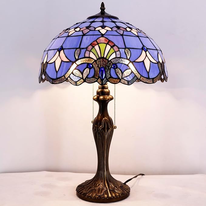WERFACTORY Tiffany Lamp Blue Purple Stained Glass Baroque Table Lamp Lavender Style Bedside Desk Light Metal Base 16X16X24 Inches Decor Bedroom Living Room Home Office S003C Series (Blue Baraque)