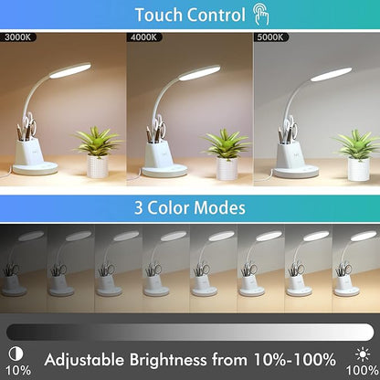 Sailstar Desk Lamp for Home Office, Small Desk Lamp with Wireless Charger & Pen Holder, Cute Desk Lamp LED Dimmable Touch 3 Lighting Modes Memory, Gooseneck White Desk Light for College Dorm Room